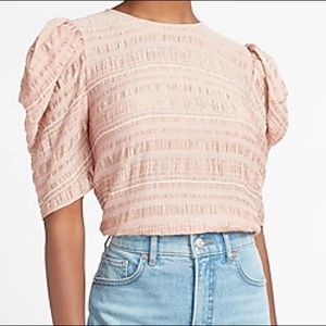 Peach textured puff sleeve crew neck top